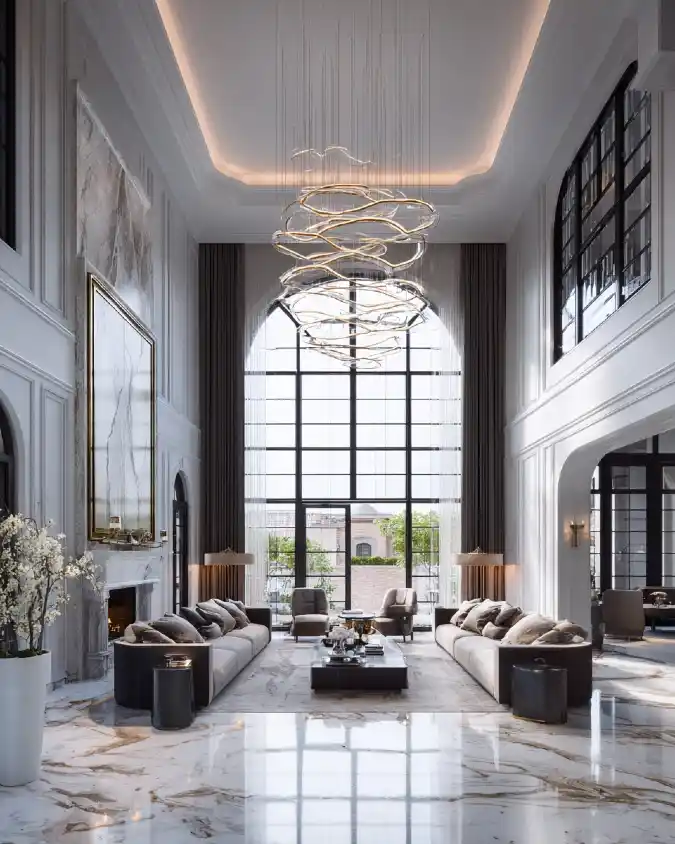 Grandeur Meets Organic Flow Living Room – Luxe High-Ceiling Architecture