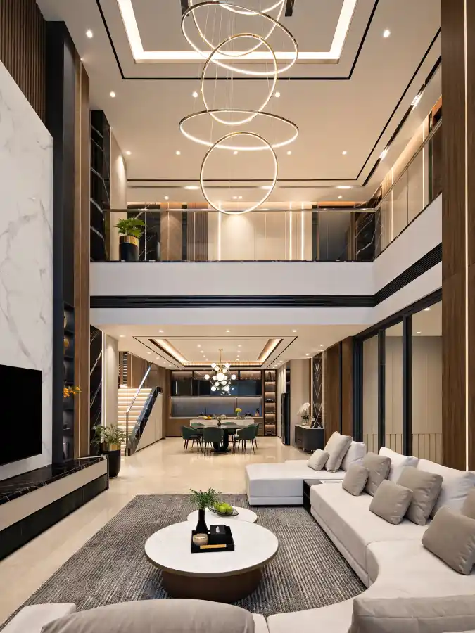 Halo-Lit Modern Great Room — Multi-Level Living with Architectural Depth