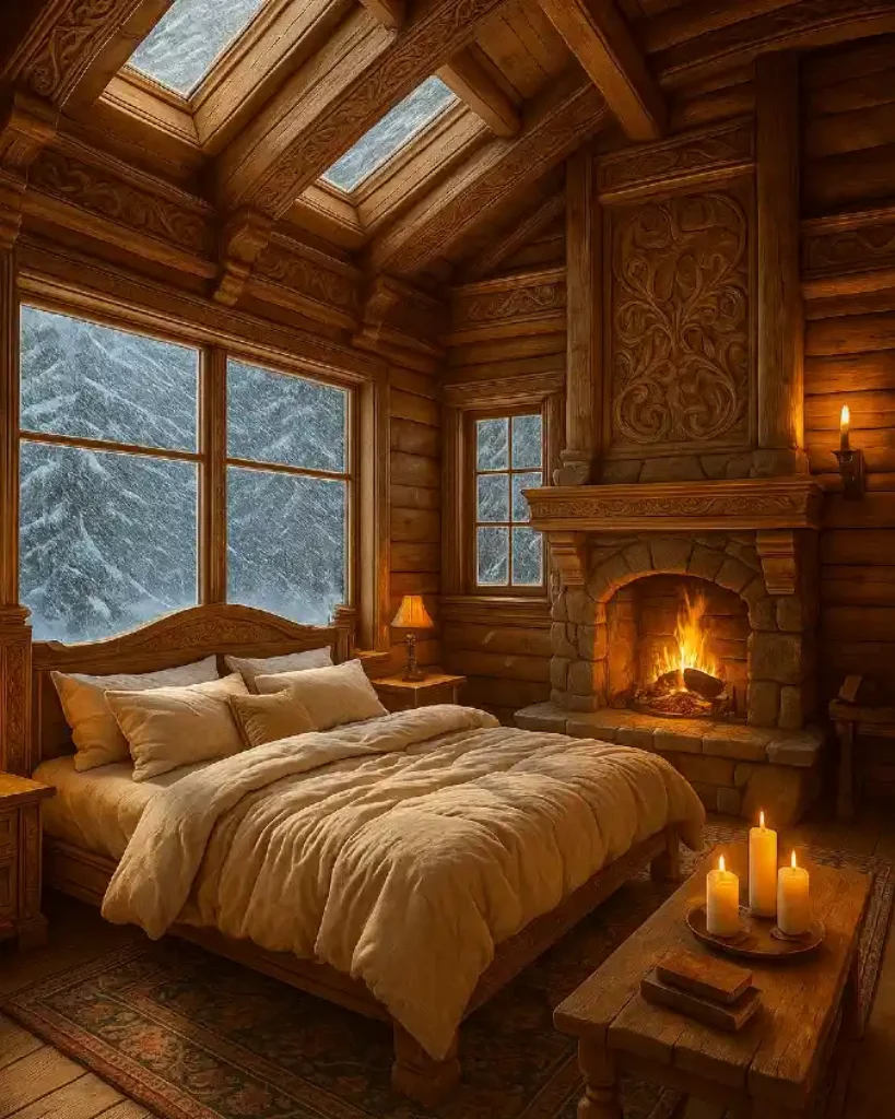 Hand-Carved Timber & Amber Glow Bedroom – A Snowy Medieval Sanctuary