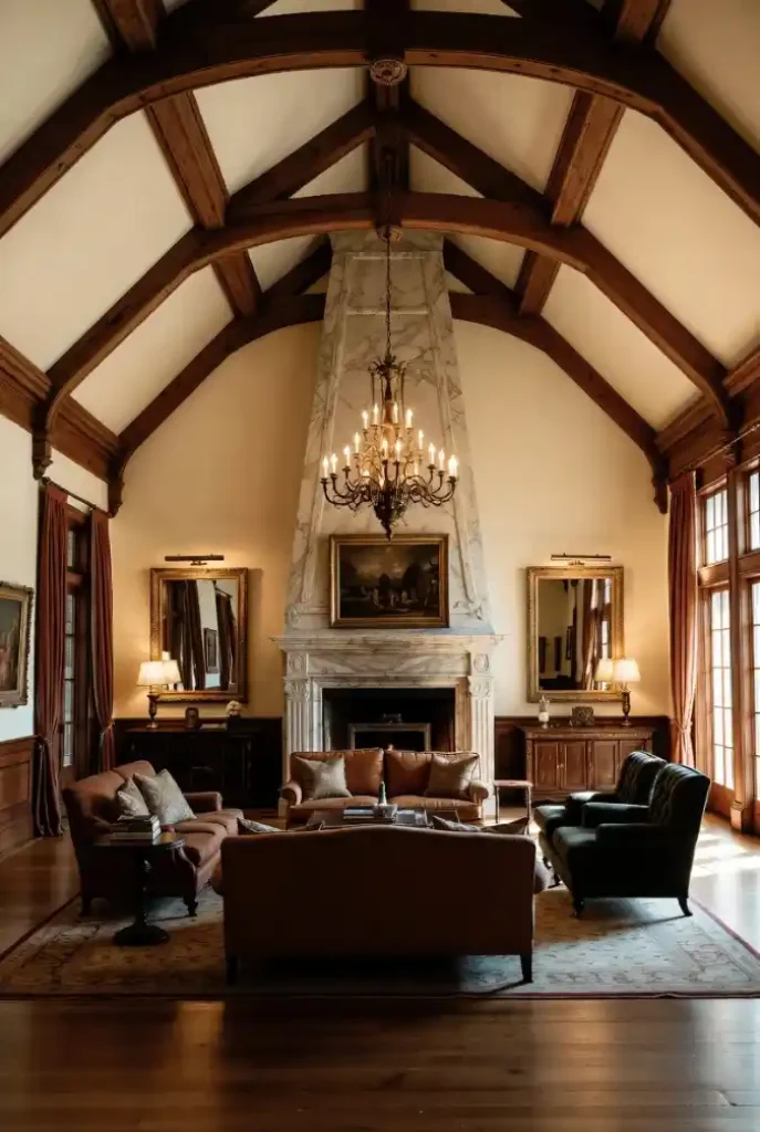Majestic Cathedral Ceiling Great Room – A Symphony of Wood and Marble Elegance