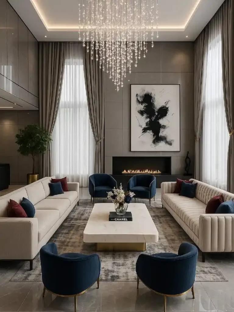 Midnight Navy & Marble Grand Salon – A Masterclass in High-Contrast Opulence