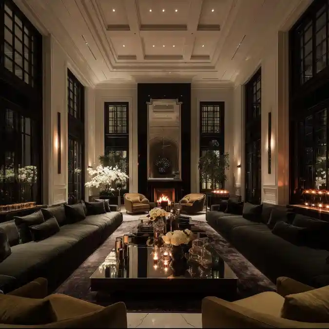 Midnight Noir Grand Lounge – Luxury Living with Dramatic Flair