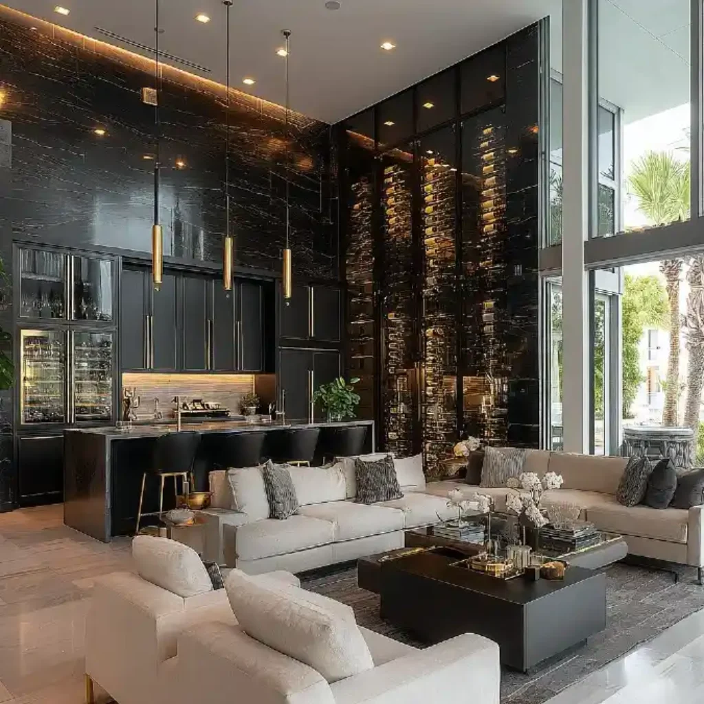 Midnight Onyx and Gold Lounge – A Mansion Living Room Design for Dramatic Entertaining