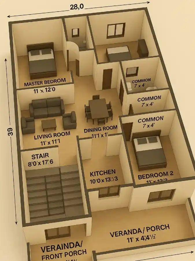 Modern Beige and Walnut 3-Bedroom Floor Plan – Organizing Daily Life with Smart Zoning
