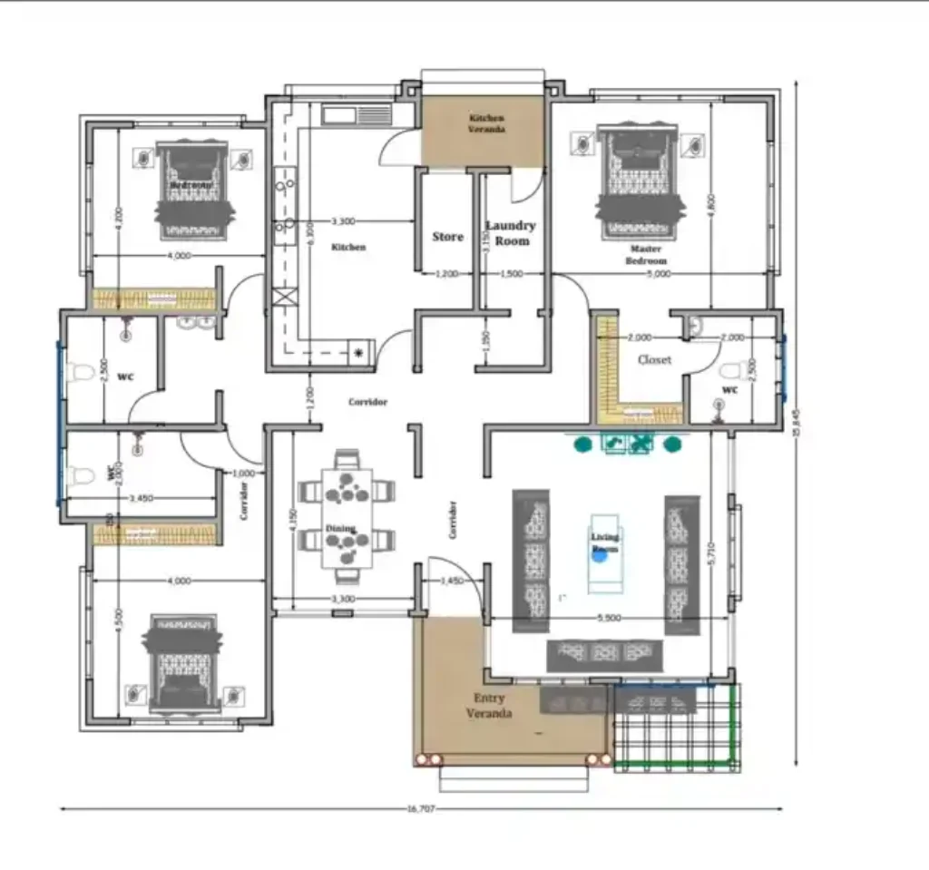 Modern Functional Family Haven – Three-Bedroom Floor Plan Designed for Seamless Living