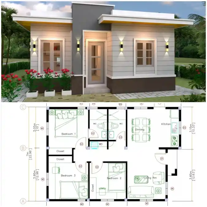 Modern Grey and Yellow Bungalow - Smart 3-Bedroom Layout for Compact Living