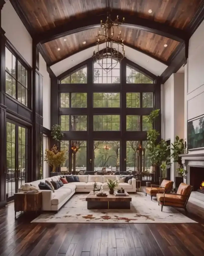 Modern Industrial Farmhouse Living Room – A Symphony of Light and Wood for Mansion Elegance