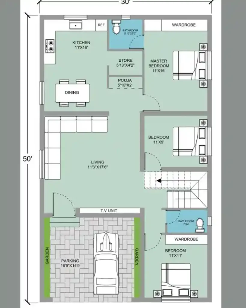 Modern Teal 30x50 House Plan – Functional Layout for Three Bedroom Living