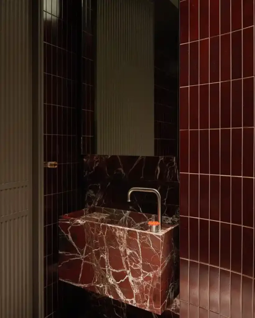 Monochromatic Burgundy Bliss – A Floating Red Marble Vanity Statement