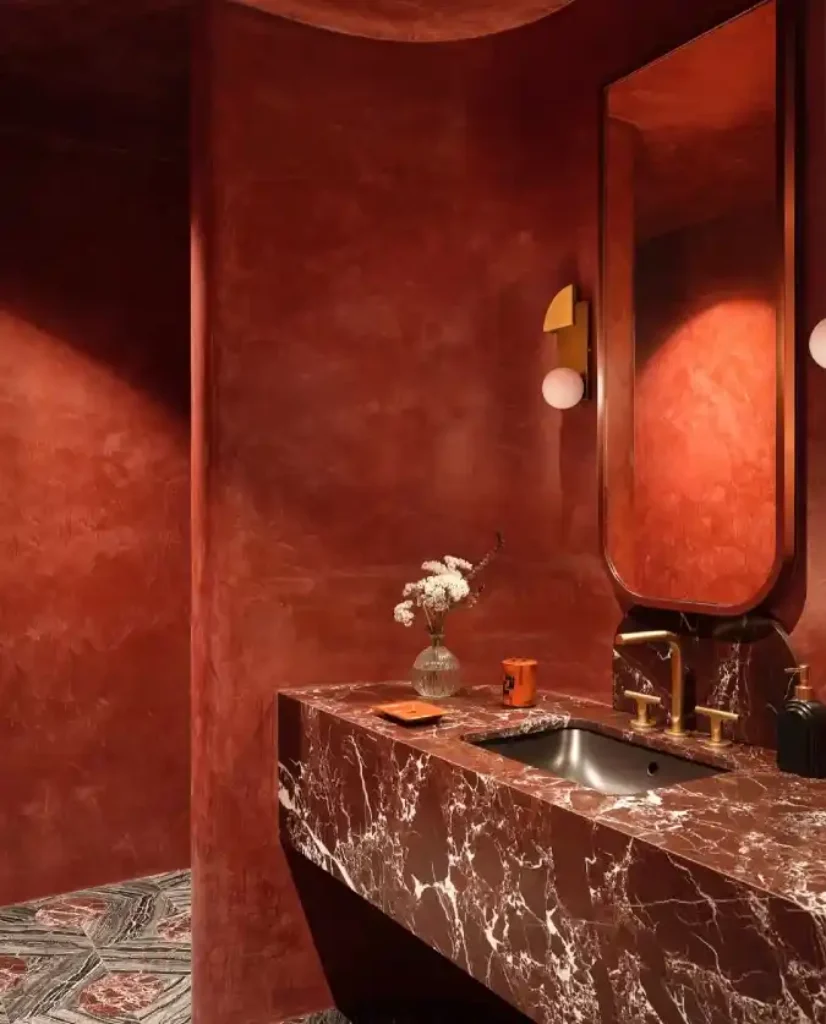 Monochromatic Crimson Sanctuary – A Moody Red Marble Vanity That Defines Luxury