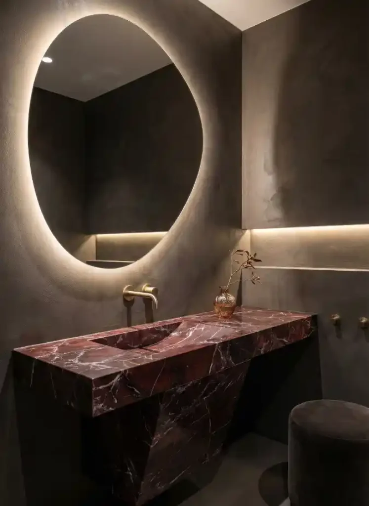 Moody Bordeaux and Concrete Sanctuary – Sculptural Red Marble Vanity That Defines Modern Luxury