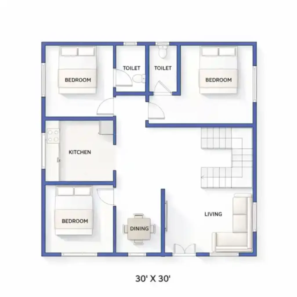 Navy Blue Accent Modern Square Layout — 20 Three Bedroom House Plans With Smart Flow