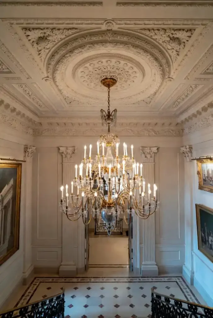 Neoclassical Elegance with a Tiered Crystal Focal Point - Grand Mansion Foyer Ideas