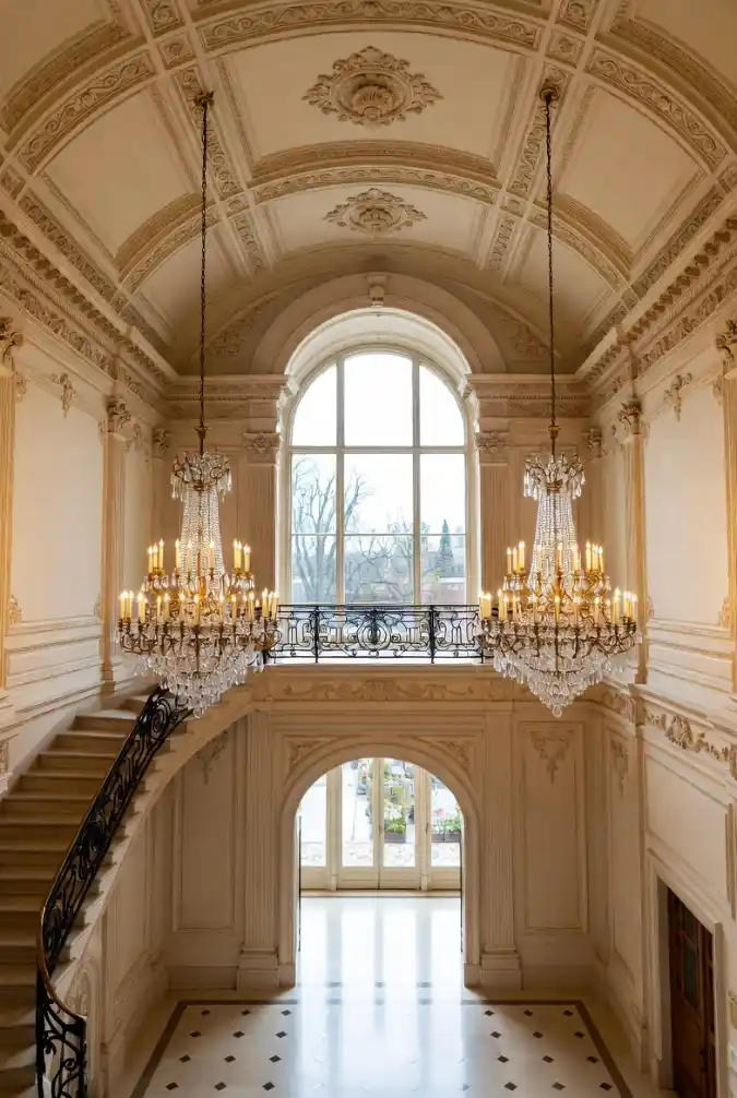 Neoclassical Gold and Ivory Grand Hallway - Foyer Design with Regal Chandeliers