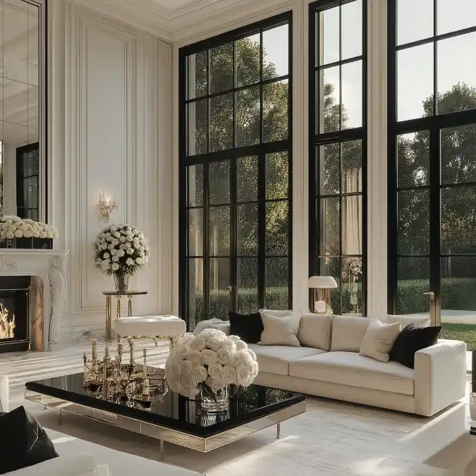 Neoclassical Grandeur Meets Modern Chic - Living Room with Towering Paned Windows