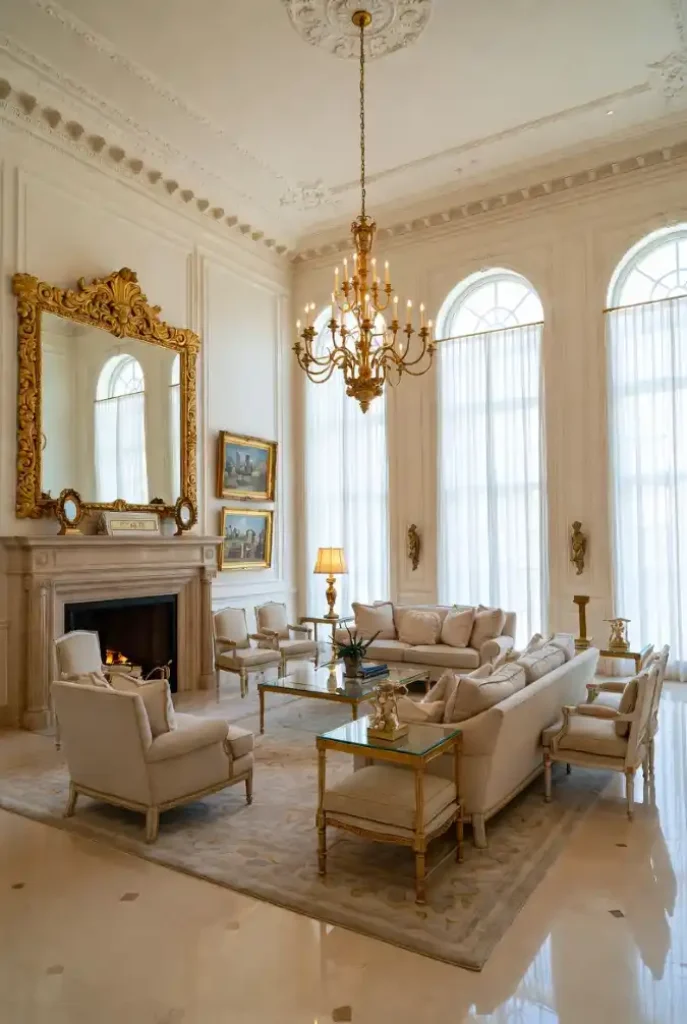 Opulent Gold and Ivory Grand Salon – A Mansion Living Room Design Defined by Heritage