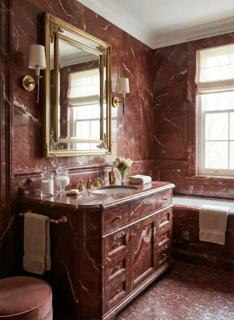 Regal Burgundy Marble Sanctuary – Elevating the Bathroom with Monochromatic Stone