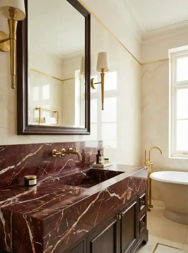 Regal Burgundy and Dark Wood Vanity – A Masterclass in Vintage Luxury