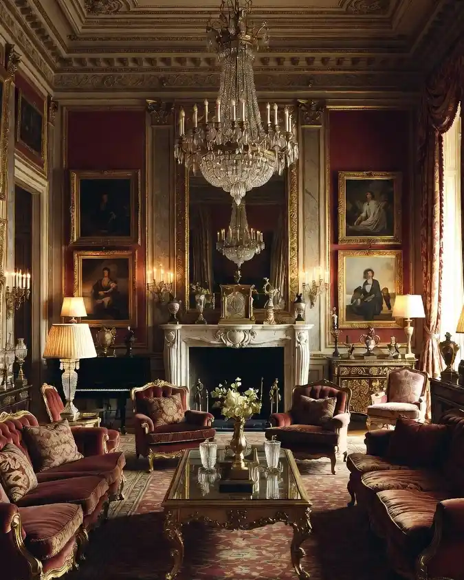 Regal Crimson Drawing Room — Mansion Elegance with a Timeless Soul