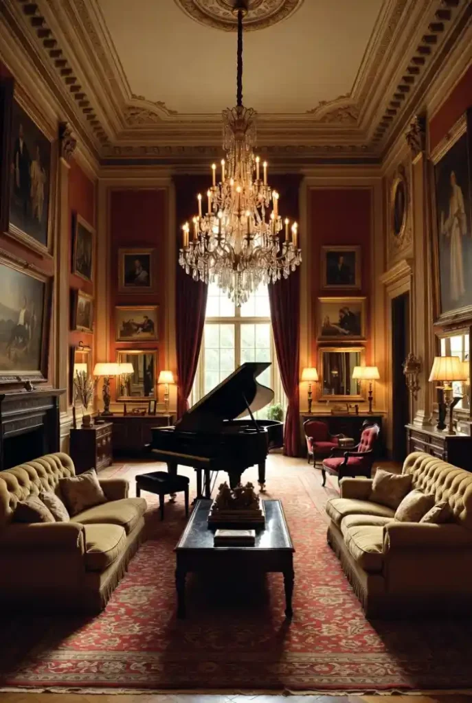 Regal Crimson & Gold Music Room – Defining Mansion Elegance with Classical Charm