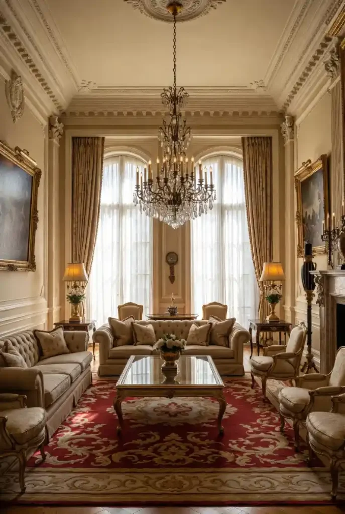 Regal Gold and Crimson Grand Salon – Mansion Living Room That Defines Opulence