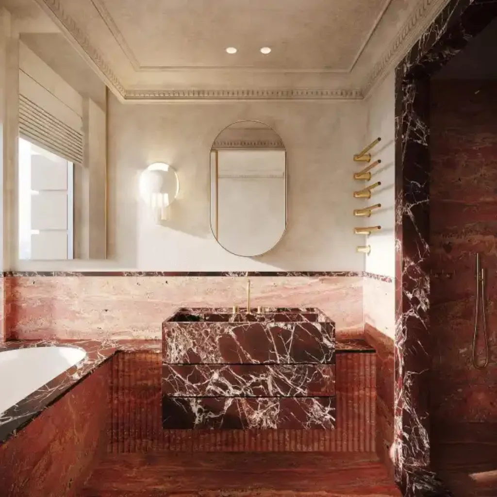 Regal Rosso & Blush Retreat - Bathroom Drama with Elegant Stone