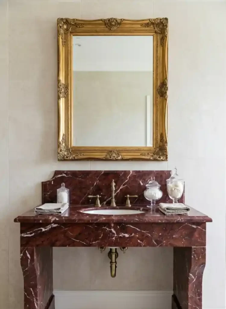 Regal Rouge and Gold Renaissance – Elevating the Powder Room with Vintage Charm