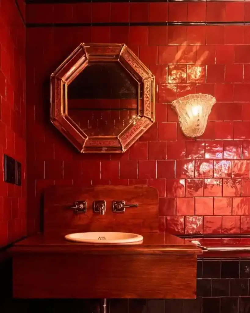 Retro Crimson Gloss and Timber Vanity – Channeling Drama Without the Stone