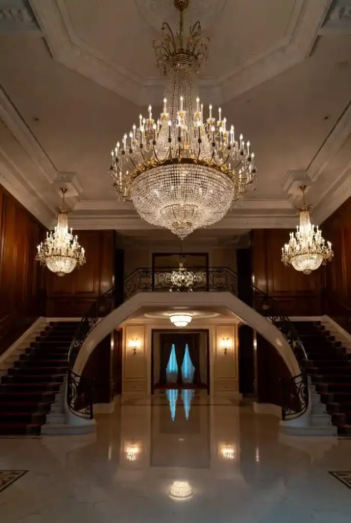 Royal Wood and Crystal Grandeur - Mansion Foyer with Classical Symmetry