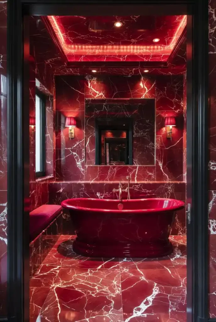Ruby-Drenched Monolith Bath – Embrace the Ultimate in Dramatic Red Interiors