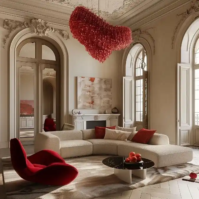 Ruby Red Avant-Garde Living — Sculptural Grandeur in a Neoclassical Frame