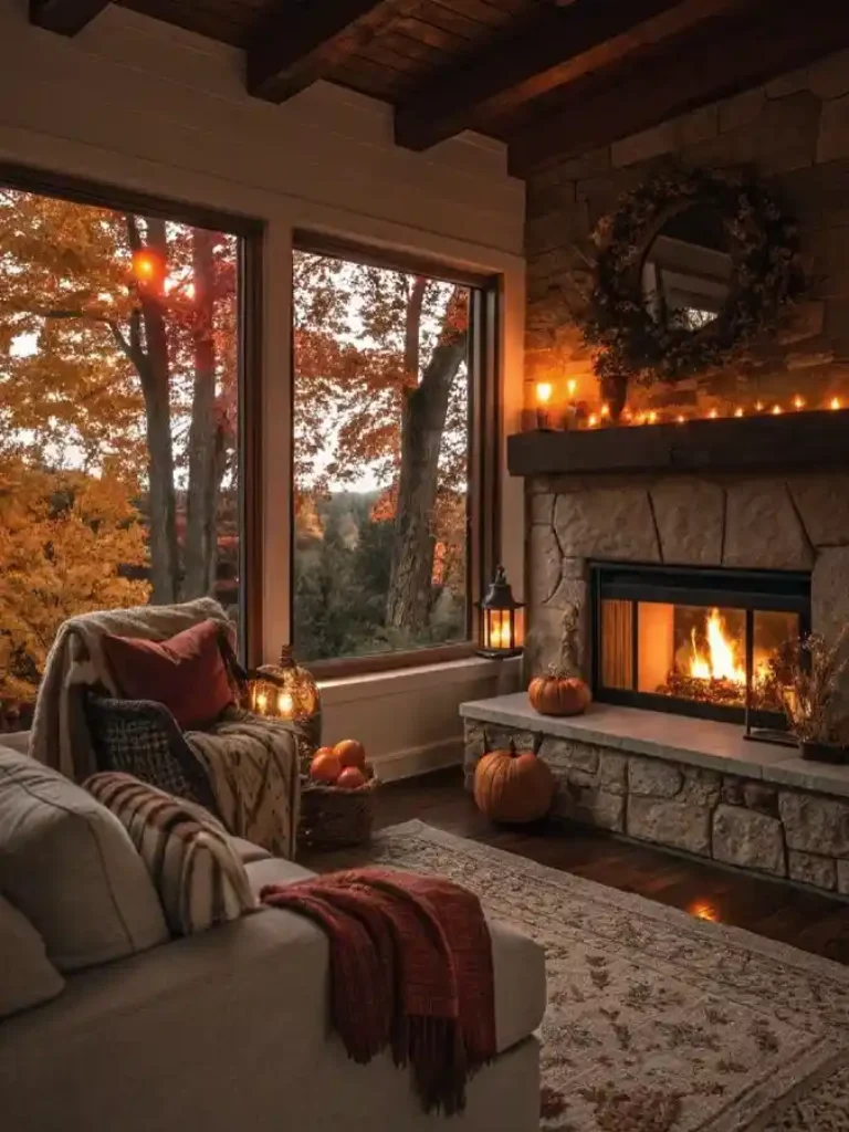 Rustic Stone & Amber Glow Living Room – A Medieval Hearth for Modern Autumn Days