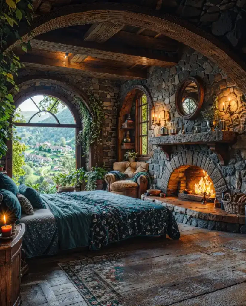 Rustic Stone & Teal Haven Bedroom – Fairytale Living with a View