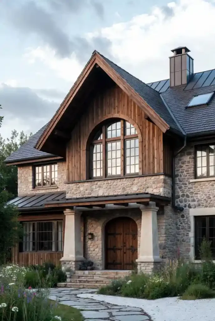 Rustic Stone and Warm Cedar Façade – A Storybook Entryway for Contemporary Living