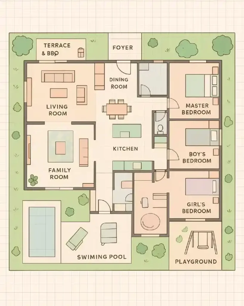 Sage and Cream Family Haven - A 3-Bedroom Plan with Outdoor Bliss