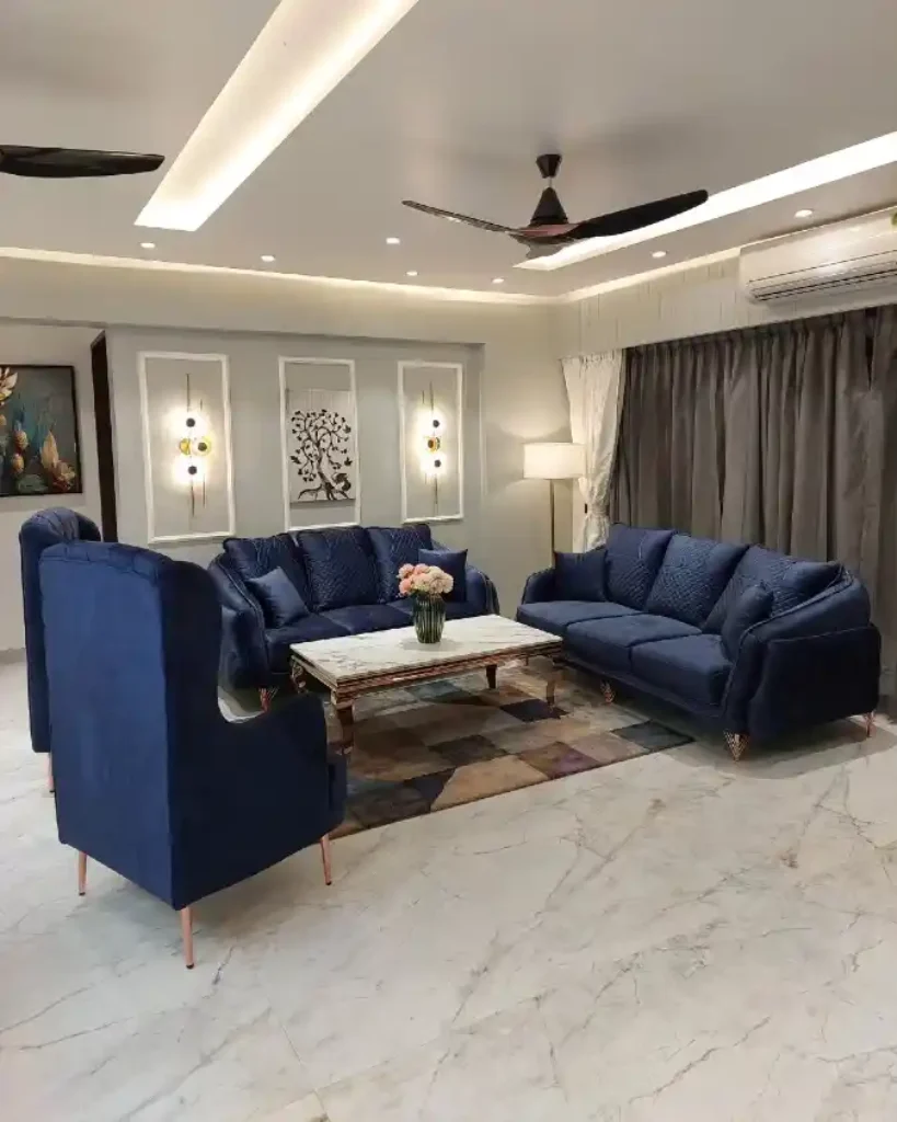 Sapphire Velvet and Gold Accent Living Room – A Masterclass in Modern Mansion Elegance