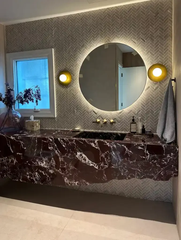 Sculptural Rosso Levanto & Herringbone Haven – A Bathroom Vanity That Breaks the Mold