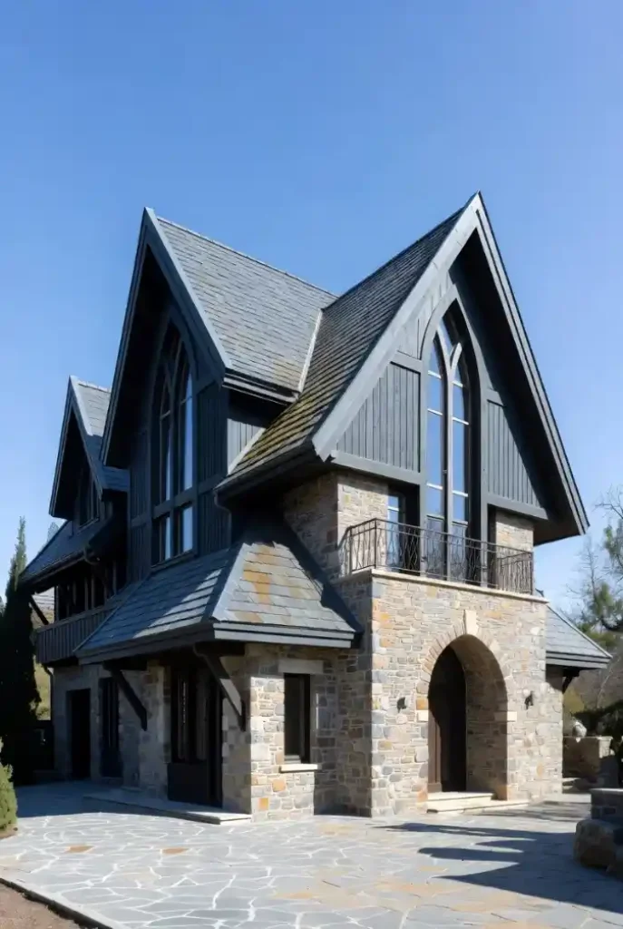 Slate & Stone Gothic Revival Exterior – A Contemporary Fortress for Modern Living