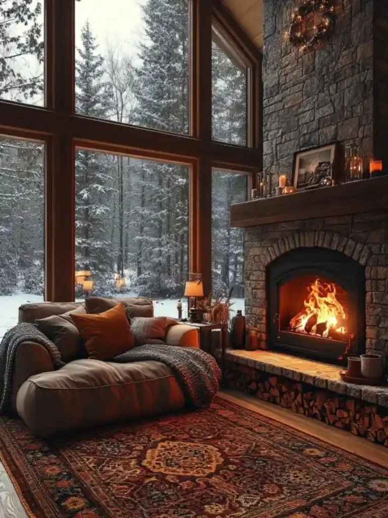 Snow-View Stone Hearth Lounge – Rustic Warmth for a Fairytale Winter