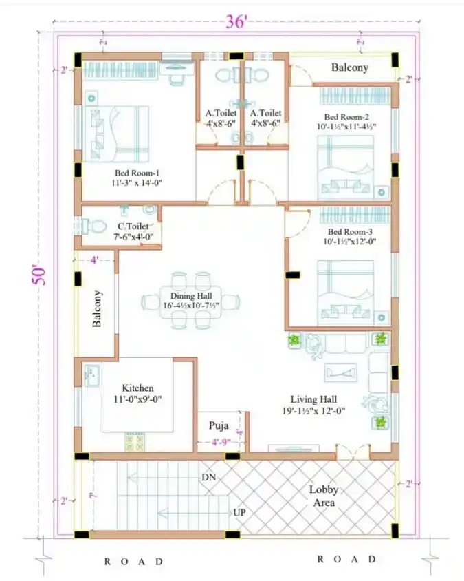 Spacious 36x50 Modern Sanctuary - A Three Bedroom Floor Plan Perfect for Family Flow