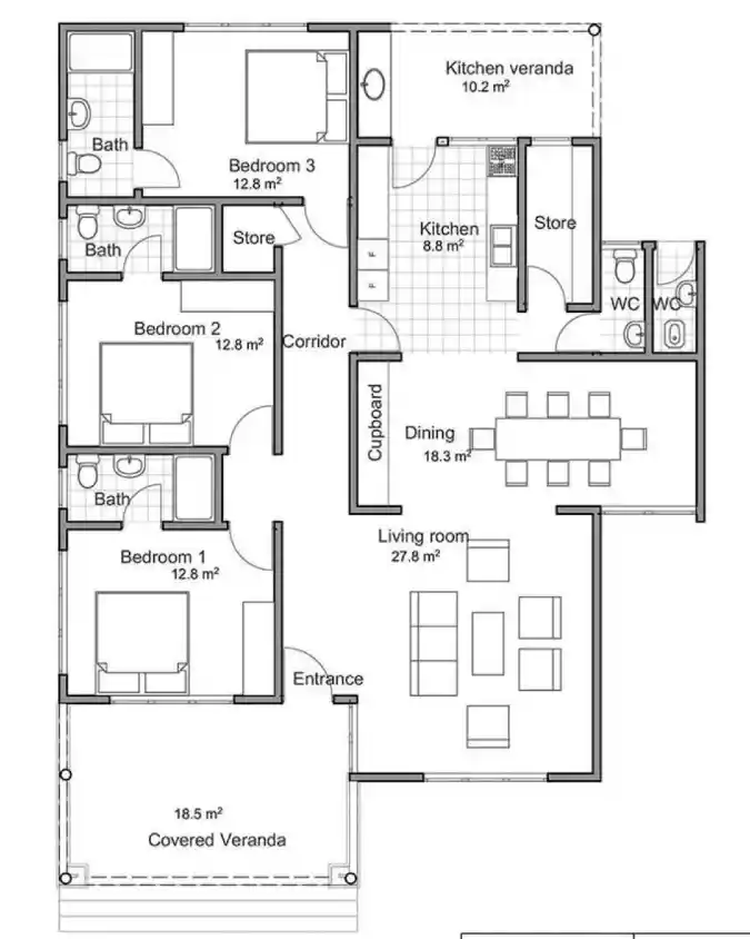 Spacious Veranda Living Suite – A Functional Three-Bedroom Home Design