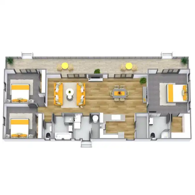 Sunny Yellow and Modern Grey Layout - A Vibrant Choice for Three Bedroom House Plans