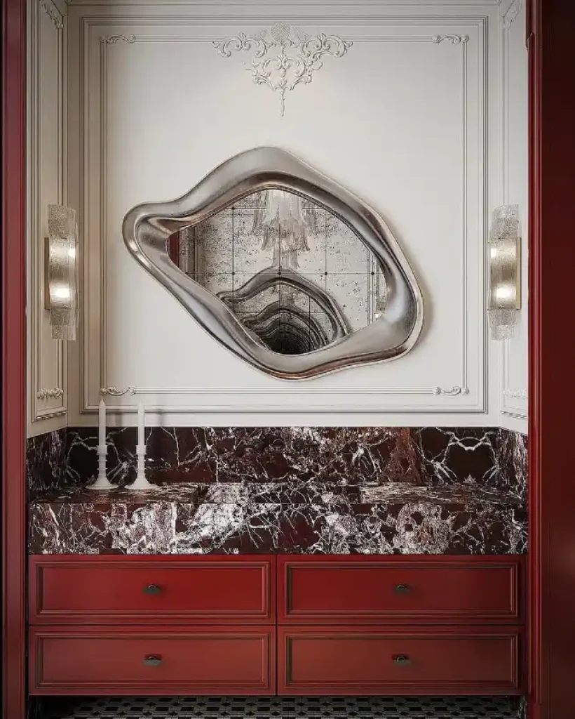 Surrealist Burgundy & Silver Vanity – Red Marble Elegance for Bold Bathrooms