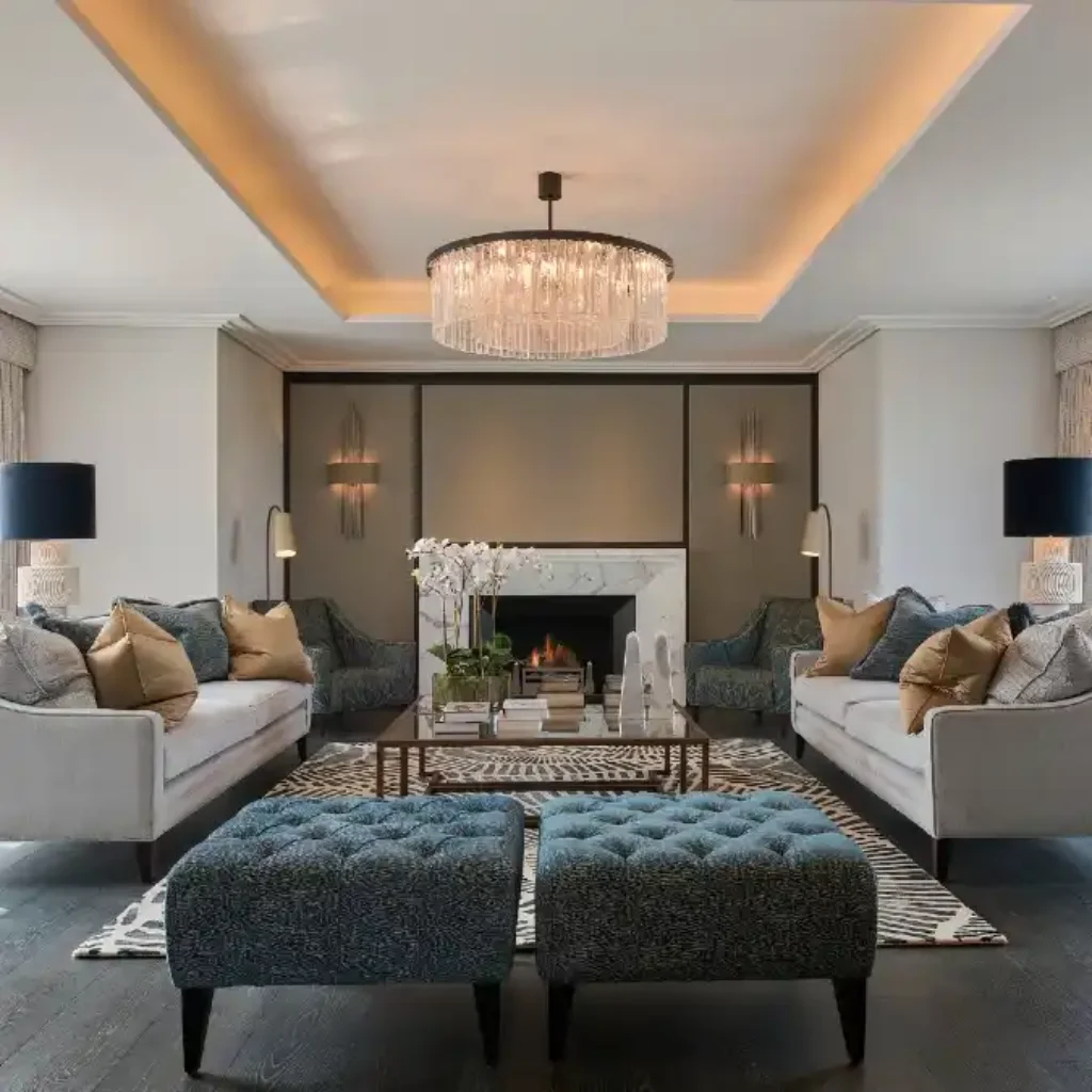 Symmetrical Sapphire and Silver Haven Living Room – Refining Modern Mansion Elegance