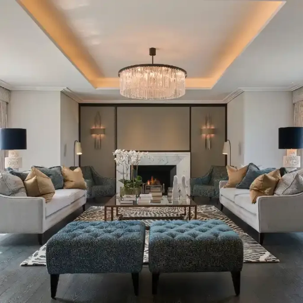 Symmetrical Teal and Grey Haven – A Masterclass in Balanced Mansion Living Room Elegance