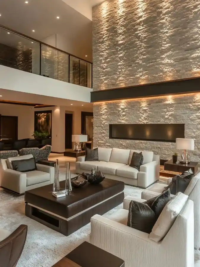 Textured Stone Grandeur Living Room - Mansion Interior for Timeless Sophistication