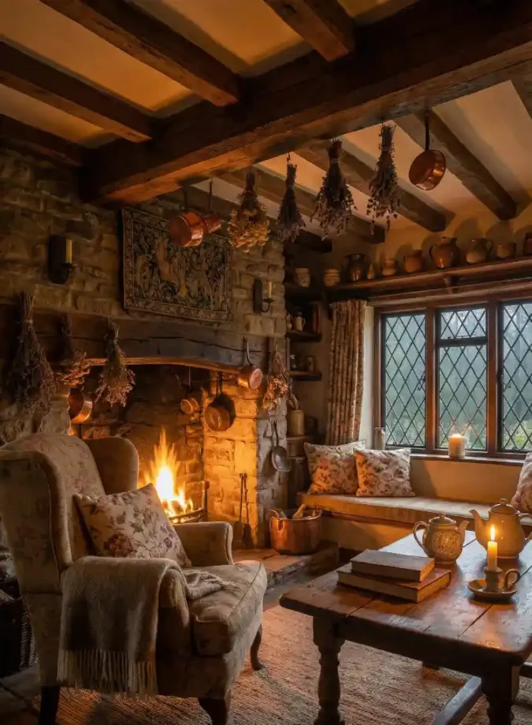 Warm Stone and Hanging Herbs Hearth – A Storybook Living Room Retreat