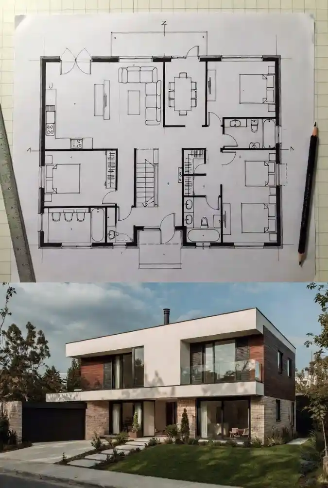 Architectural Dream Realized - Modern 4-Bedroom Layout with Sleek Exterior