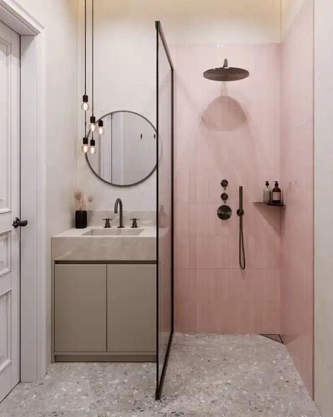 Blush Pink & Terrazzo Minimalist Wet Room - Maximize Small Footprints with Vertical Tile