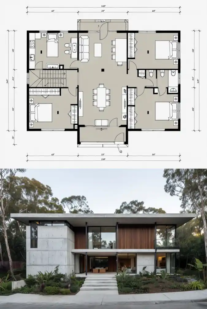 Brutalist Beauty Meets Warm Wood – 4-Bedroom Layout with Organic Soul